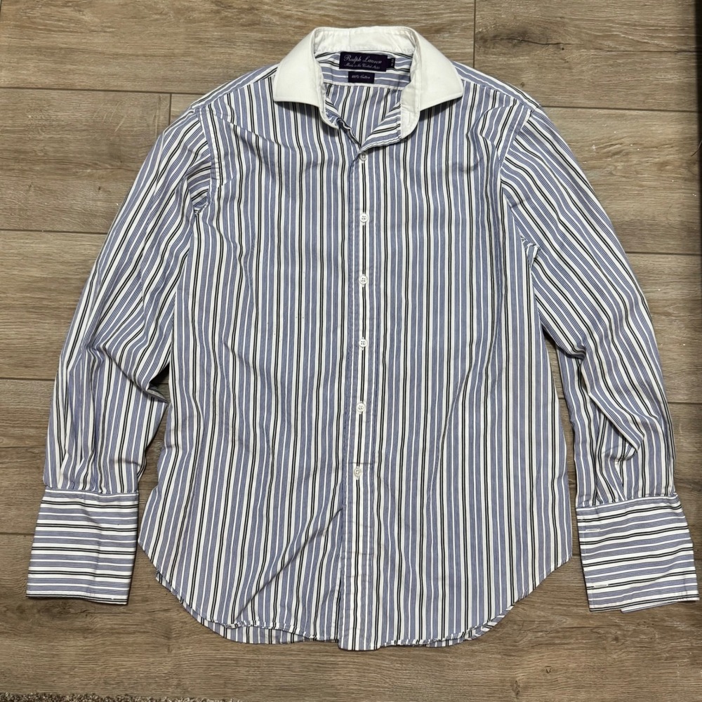 Rare Vtg Ralph Lauren Purple Label Striped Cotton Shirt USA Made Womens XL 16-33
